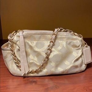 Coach gold canvas purse with gold chain